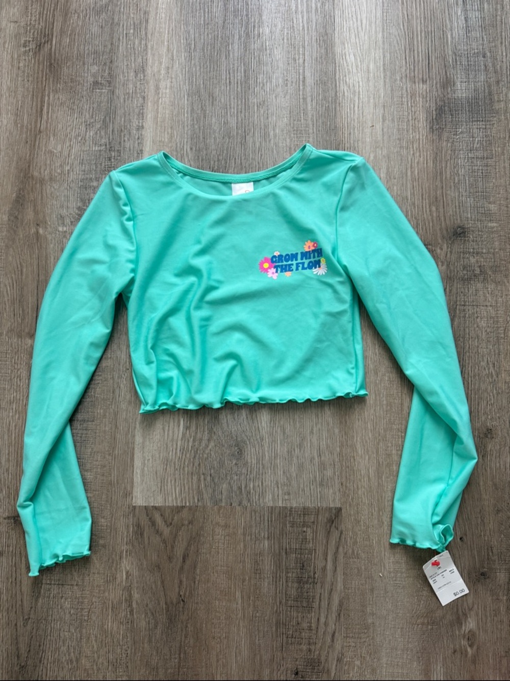 Mint Green Cropped Long Sleeve Swim Top with Floral Graphic